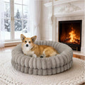 Dog lying on a fluffy pet bed in a cozy room with a fireplace and snowy outdoor view.